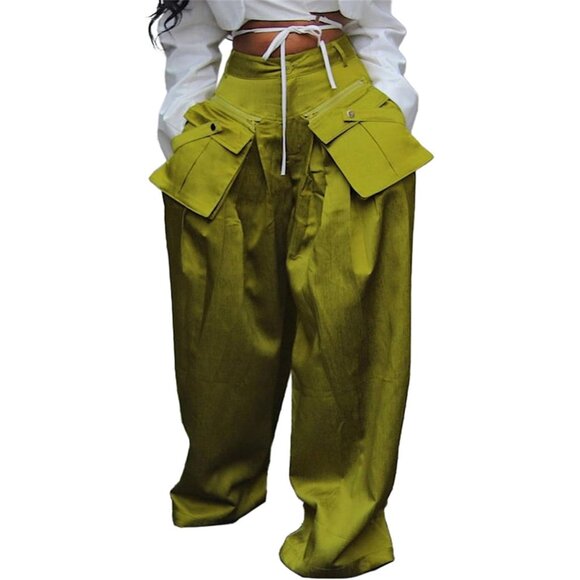 Chic Women's Wide Leg Satin Cargo Pants - High Waist Palazzos Bo Green Size M